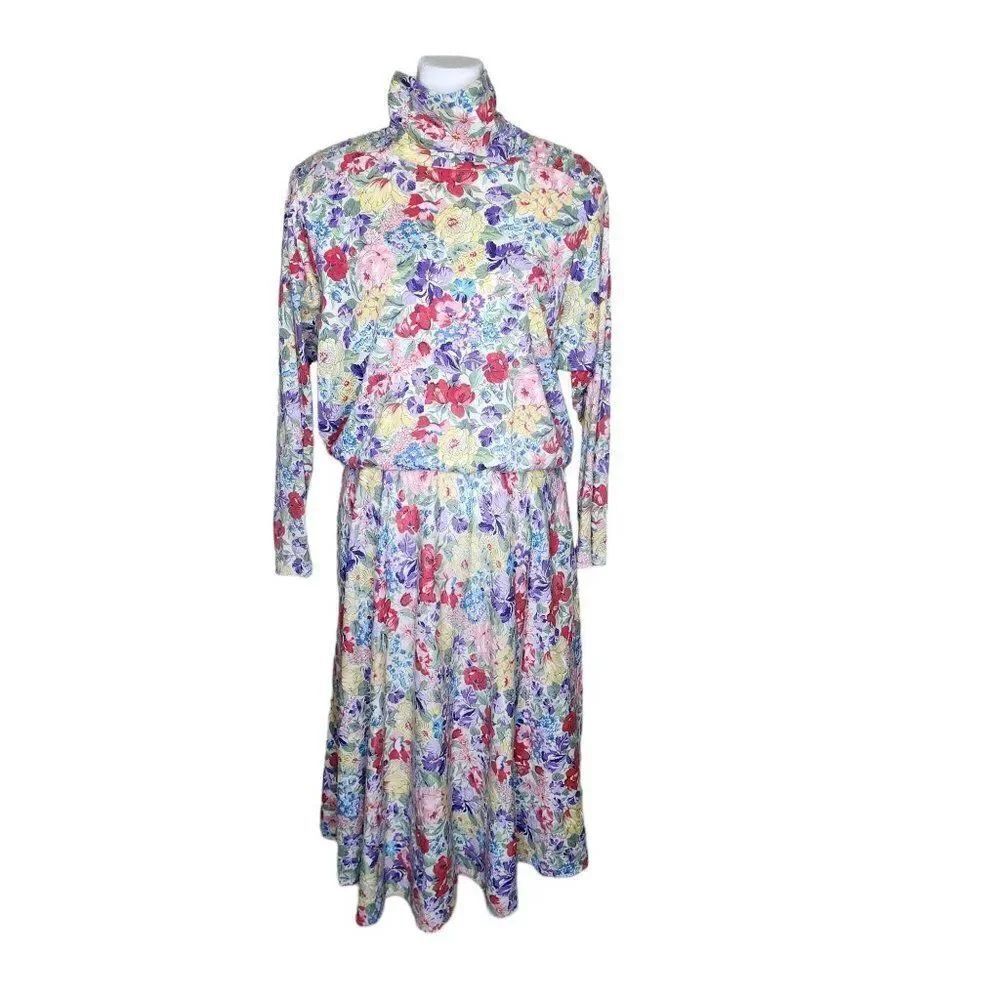 Vintage 80s High Neck Blouson Dress Womens Size L Blue Floral Pockets Modest